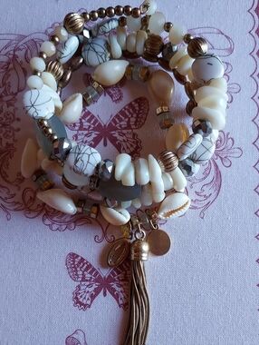 Boho Cream & Gray Howlite Multi-Strand Beaded Bracelet with Tassel